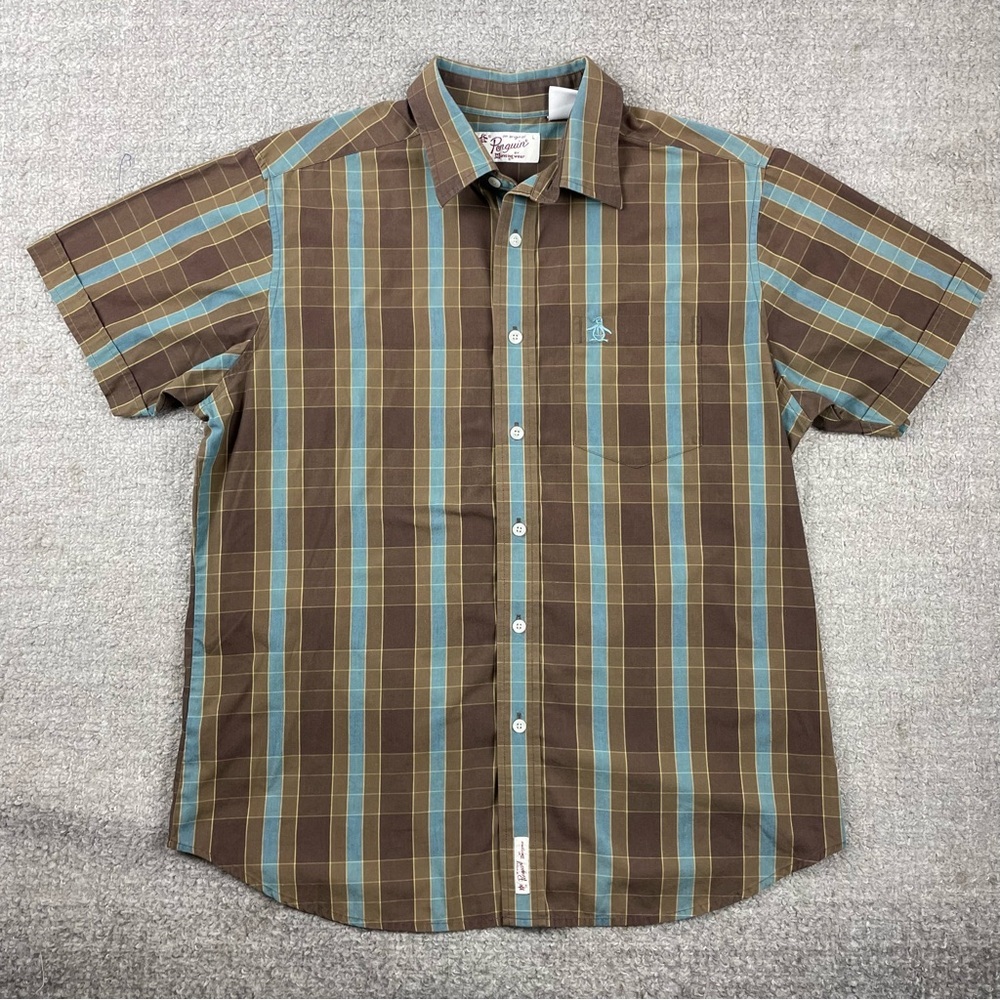 Original Penguin Brown and Teal Plaid Button Down Shirt